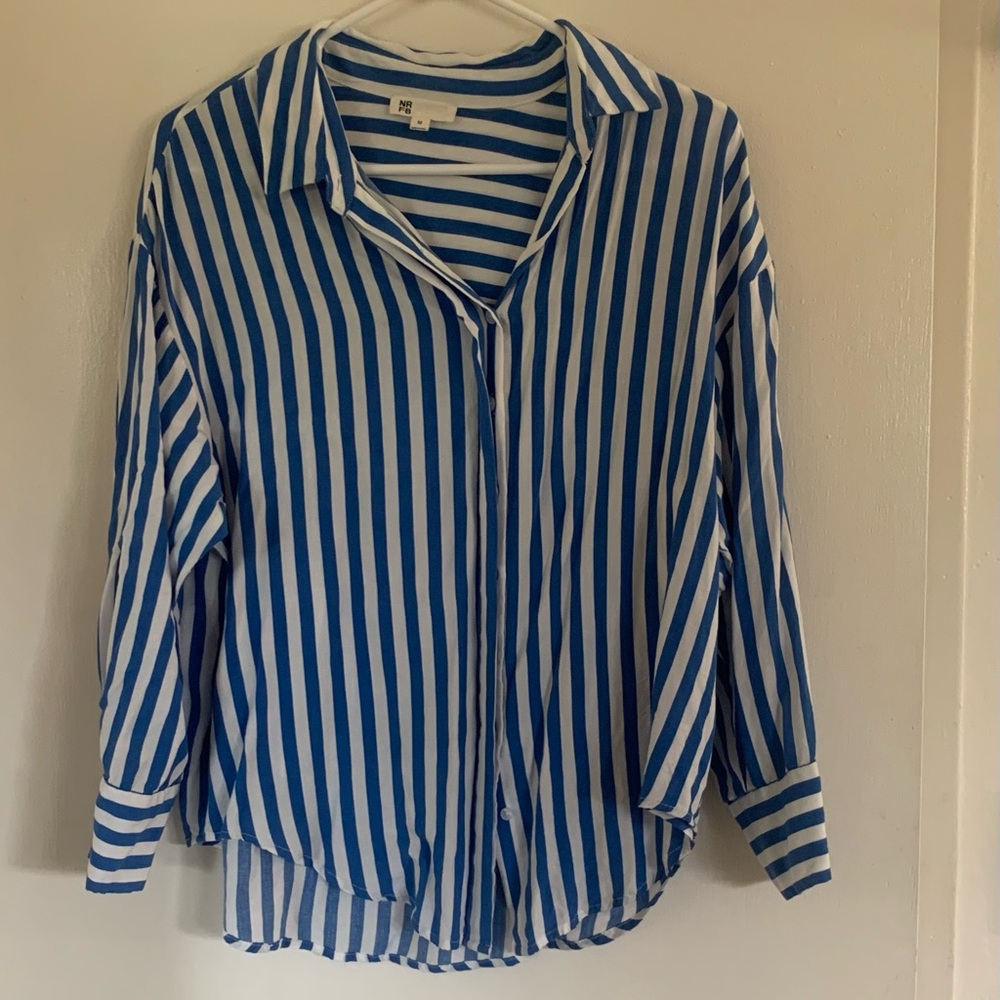 Blue and White Striped Button-Up Shirt with a Satin feel
